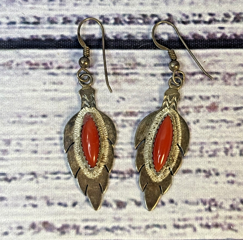 Vintage Navajo Style Sterling Silver Red Coral Leaf Feather Dangle Earrings